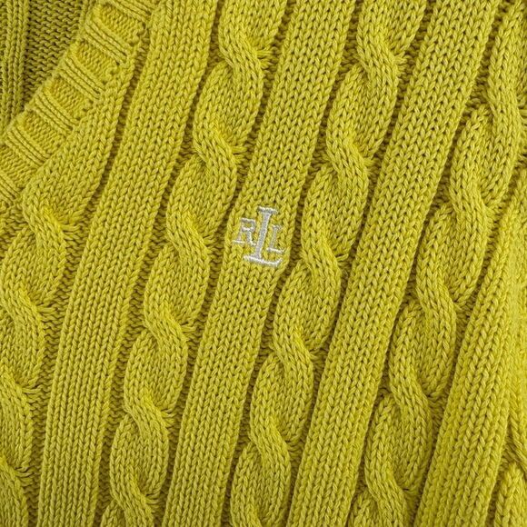 Lauren Ralph Lauren Cable Knit V-Neck Cotton Sweater Yellow Size Small Preppy - Picture 5 of 10